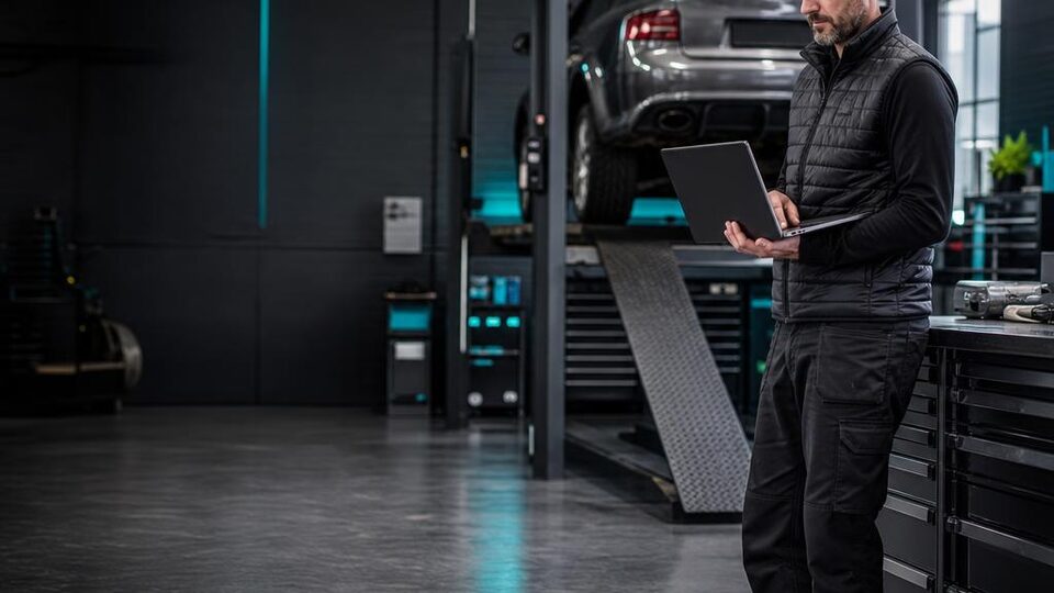 Workshop owner using a laptop beside a vehicle on a ramp in an independent garage